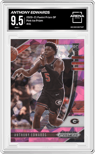 Anthony Edwards from the 2020-21 Panini Prizm DP set featuring a Pink Ice Prizm parallel graded by Arena Club and given an overall grade of 9.5.