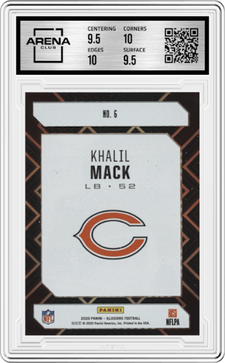 Khalil Mack from the 2020 Panini Illusions set featuring a Emerald parallel graded by Arena Club and given an overall grade of 10.