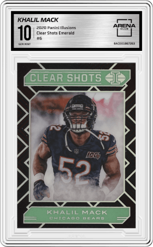 Khalil Mack from the 2020 Panini Illusions set featuring a Emerald parallel graded by Arena Club and given an overall grade of 10.