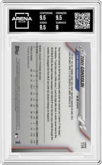 Tony Gonsolin from the 2020 Topps Chrome set graded by Arena Club and given an overall grade of 9.5.