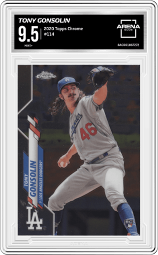 Tony Gonsolin from the 2020 Topps Chrome set graded by Arena Club and given an overall grade of 9.5.
