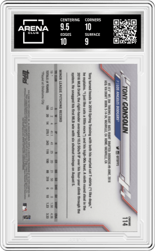 Tony Gonsolin from the 2020 Topps Chrome set graded by Arena Club and given an overall grade of 9.5.