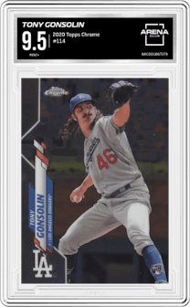 Tony Gonsolin from the 2020 Topps Chrome set graded by Arena Club and given an overall grade of 9.5.