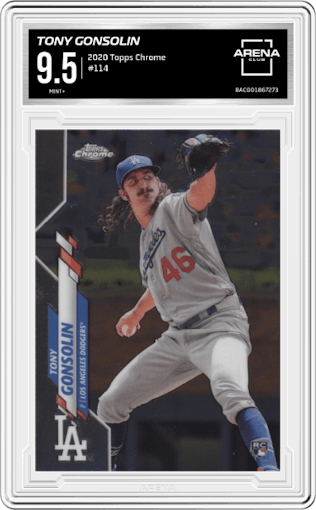 Tony Gonsolin from the 2020 Topps Chrome set graded by Arena Club and given an overall grade of 9.5.
