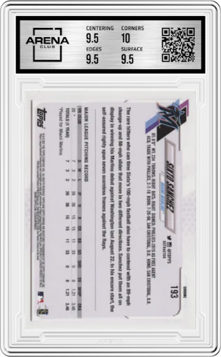 Sixto Sanchez from the 2021 Topps Chrome set featuring a Refractor parallel graded by Arena Club and given an overall grade of 10.