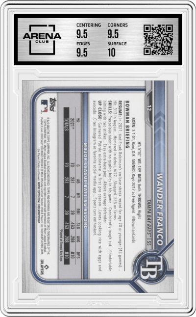 Wander Franco from the 2022 Bowman set graded by Arena Club and given an overall grade of 10.