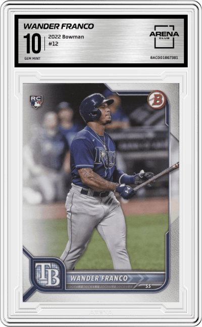 Wander Franco from the 2022 Bowman set graded by Arena Club and given an overall grade of 10.