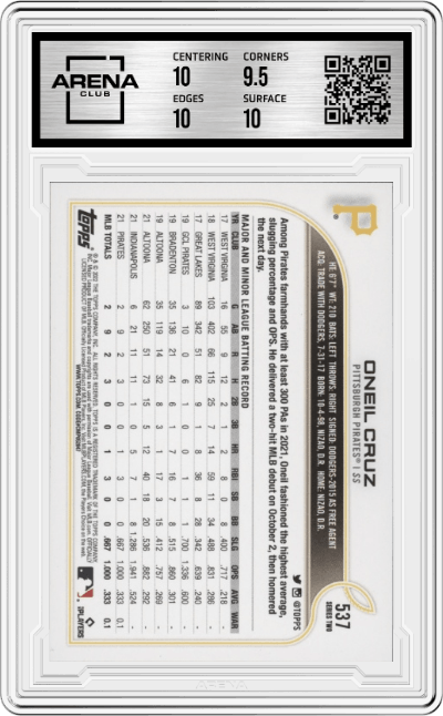 Oneil Cruz from the 2022 Topps set graded by Arena Club and given an overall grade of 10.