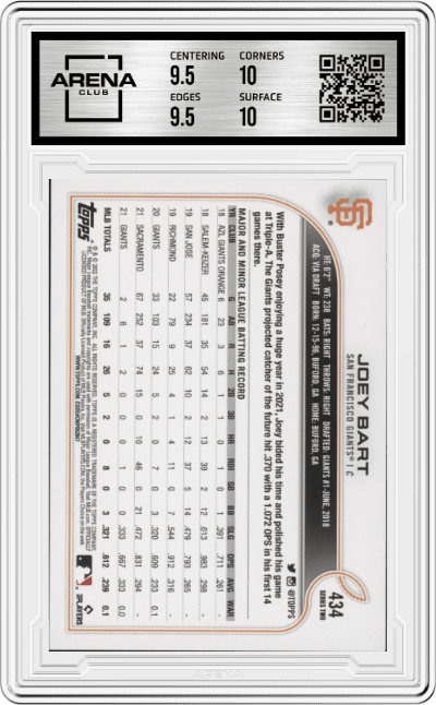 Joey Bart from the 2022 Topps set featuring a Future Stars parallel graded by Arena Club and given an overall grade of 10.