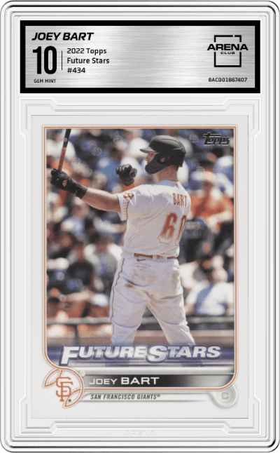 Joey Bart from the 2022 Topps set featuring a Future Stars parallel graded by Arena Club and given an overall grade of 10.