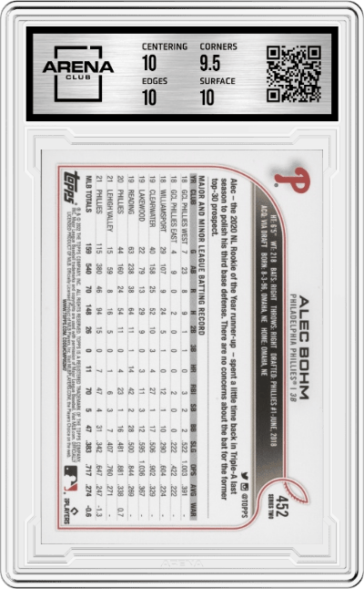 Alec Bohm from the 2022 Topps set featuring a Future Stars parallel graded by Arena Club and given an overall grade of 10.