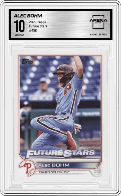 Alec Bohm from the 2022 Topps set featuring a Future Stars parallel graded by Arena Club and given an overall grade of 10.