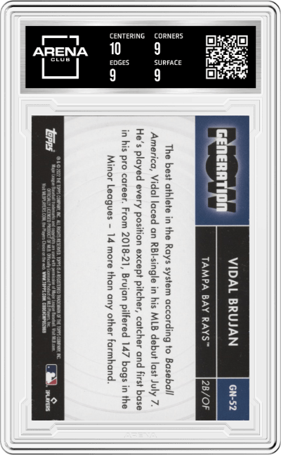 Vidal Brujan from the 2022 Topps set graded by Arena Club and given an overall grade of 9.5.