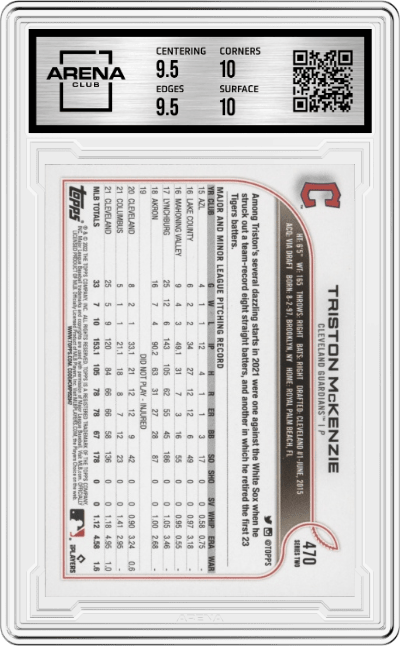 Triston McKenzie from the 2022 Topps set graded by Arena Club and given an overall grade of 10.