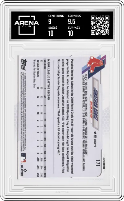 Jonathan Arauz from the 2021 Topps Baseball Japan Edition set graded by Arena Club and given an overall grade of 9.5.