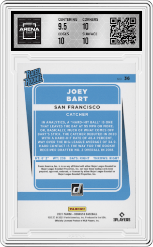 Joey Bart from the 2021 Panini Donruss set featuring a Pink parallel graded by Arena Club and given an overall grade of 10.