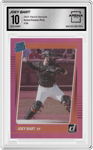 Joey Bart from the 2021 Panini Donruss set featuring a Pink parallel graded by Arena Club and given an overall grade of 10.