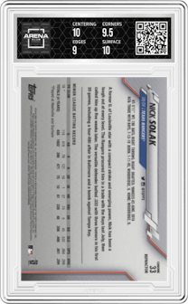 Nick Solak from the 2020 Topps Chrome set featuring a Pink Refractor parallel graded by Arena Club and given an overall grade of 9.5.