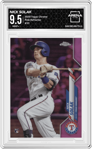 Nick Solak from the 2020 Topps Chrome set featuring a Pink Refractor parallel graded by Arena Club and given an overall grade of 9.5.