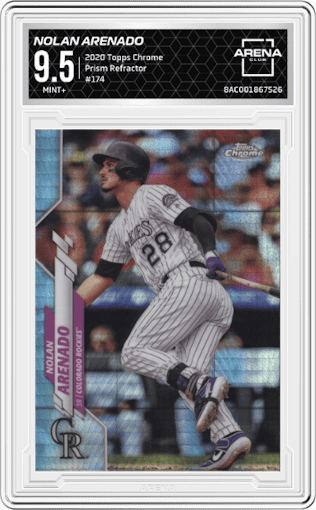 Nolan Arenado from the 2020 Topps Chrome set featuring a Prism Refractor parallel graded by Arena Club and given an overall grade of 9.5.