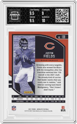 Justin Fields from the 2021 Panini Absolute set graded by Arena Club and given an overall grade of 9.5.