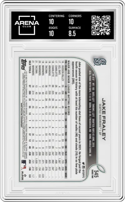 Jake Fraley from the 2022 Topps set graded by Arena Club and given an overall grade of 9.