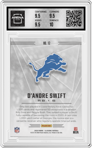D'Andre Swift from the 2020 Panini Illusions set featuring a Retail parallel graded by Arena Club and given an overall grade of 10.