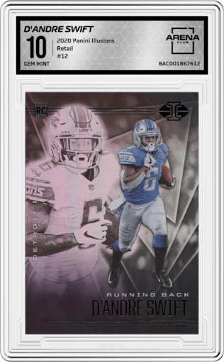 D'Andre Swift from the 2020 Panini Illusions set featuring a Retail parallel graded by Arena Club and given an overall grade of 10.