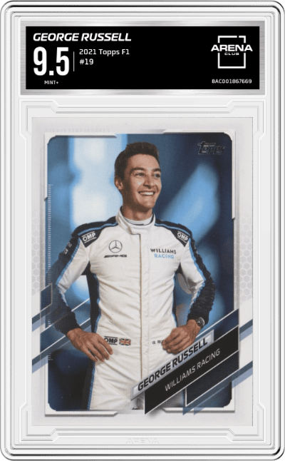 George Russell from the 2021 Topps F1 set graded by Arena Club and given an overall grade of 9.5.