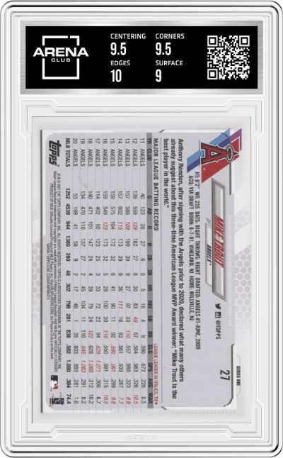 Mike Trout from the 2021 Topps  set graded by Arena Club and given an overall grade of 9.5.