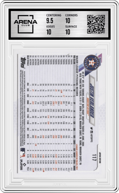Justin Verlander from the 2021 Topps Japan set graded by Arena Club and given an overall grade of 10.