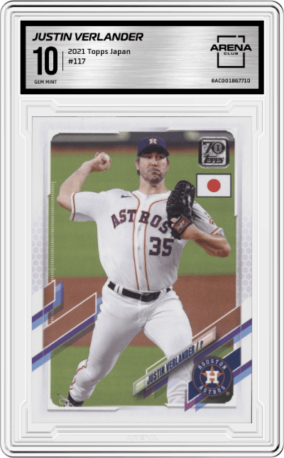 Justin Verlander from the 2021 Topps Japan set graded by Arena Club and given an overall grade of 10.
