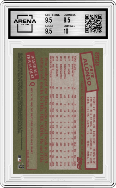 Pete Alonso from the 2020 Topps Chrome set graded by Arena Club and given an overall grade of 10.