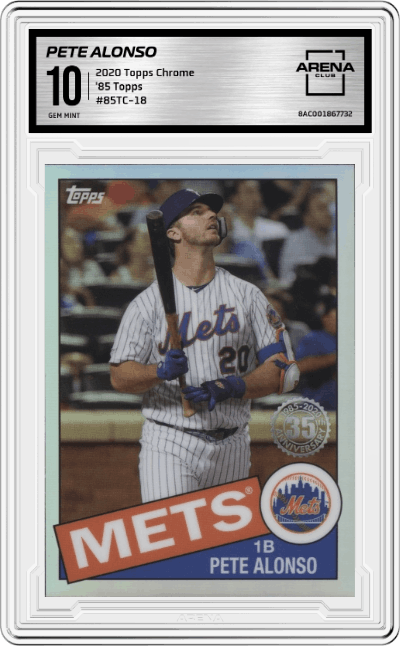 Pete Alonso from the 2020 Topps Chrome set graded by Arena Club and given an overall grade of 10.