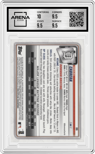 Miguel Cabrera from the 2020 Bowman Chrome set graded by Arena Club and given an overall grade of 10.