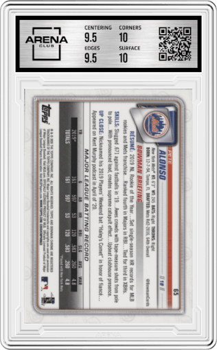 Pete Alonso from the 2020 Bowman Chrome set graded by Arena Club and given an overall grade of 10.