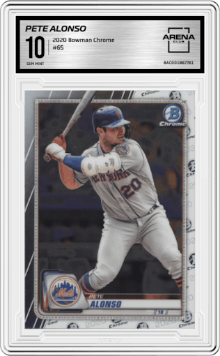 Pete Alonso from the 2020 Bowman Chrome set graded by Arena Club and given an overall grade of 10.