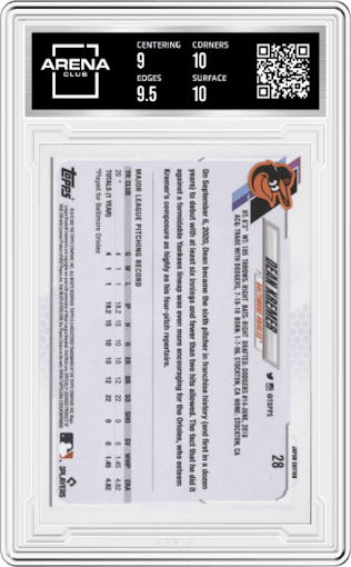 Dean Kremer from the 2021 Topps Baseball Japan Edition set graded by Arena Club and given an overall grade of 9.5.
