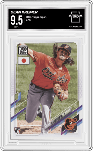 Dean Kremer from the 2021 Topps Baseball Japan Edition set graded by Arena Club and given an overall grade of 9.5.