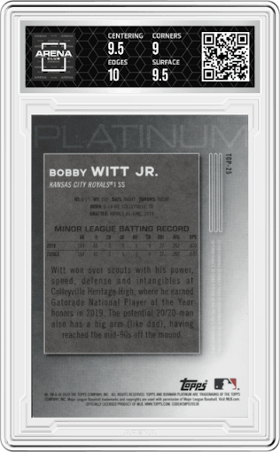 Bobby Witt Jr. from the 2020 Bowman Platinum  set graded by Arena Club and given an overall grade of 9.5.