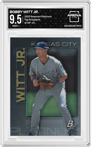 Bobby Witt Jr. from the 2020 Bowman Platinum  set graded by Arena Club and given an overall grade of 9.5.
