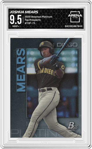 Joshua Mears from the 2020 Bowman Platinum  set graded by Arena Club and given an overall grade of 9.5.