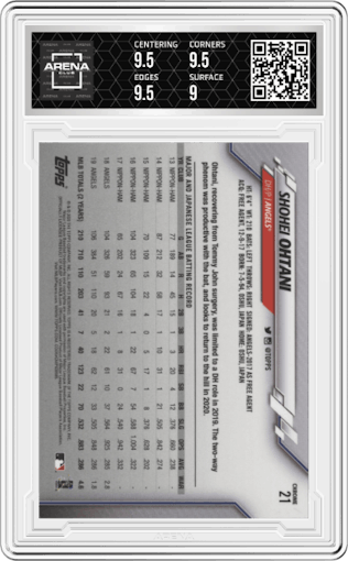 Shohei Ohtani from the 2020 Topps Chrome set graded by Arena Club and given an overall grade of 9.5.