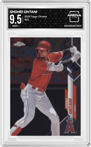 Shohei Ohtani from the 2020 Topps Chrome set graded by Arena Club and given an overall grade of 9.5.