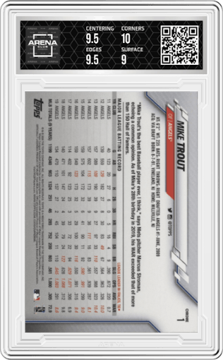Mike Trout from the 2020 Topps Chrome set graded by Arena Club and given an overall grade of 9.5.
