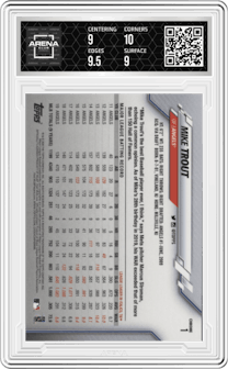 Mike Trout from the 2020 Topps Chrome set graded by Arena Club and given an overall grade of 9.5.