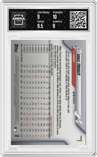 Mike Trout from the 2020 Topps Chrome set graded by Arena Club and given an overall grade of 9.5.