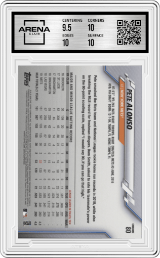 Pete Alonso from the 2020 Topps Chrome Ben Baller Edition set graded by Arena Club and given an overall grade of 10.