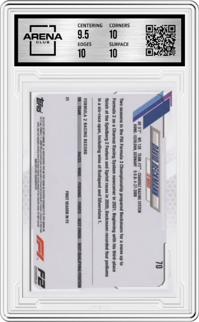 David Beckmann from the 2021 Topps Chrome F1  set graded by Arena Club and given an overall grade of 10.