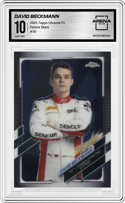 David Beckmann from the 2021 Topps Chrome F1  set graded by Arena Club and given an overall grade of 10.